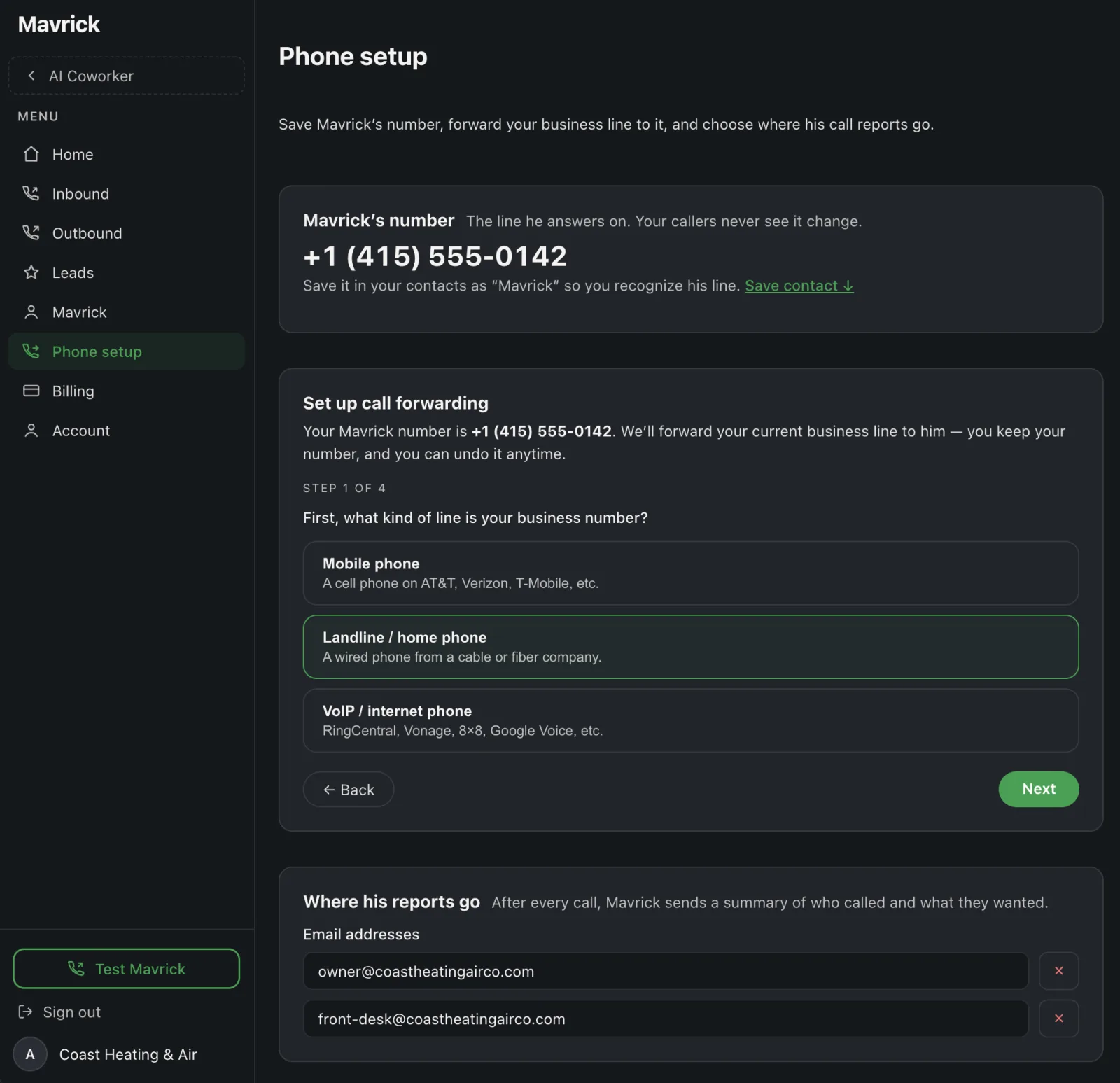 Phone setup — Mavrick's number, call forwarding steps, and where his reports go