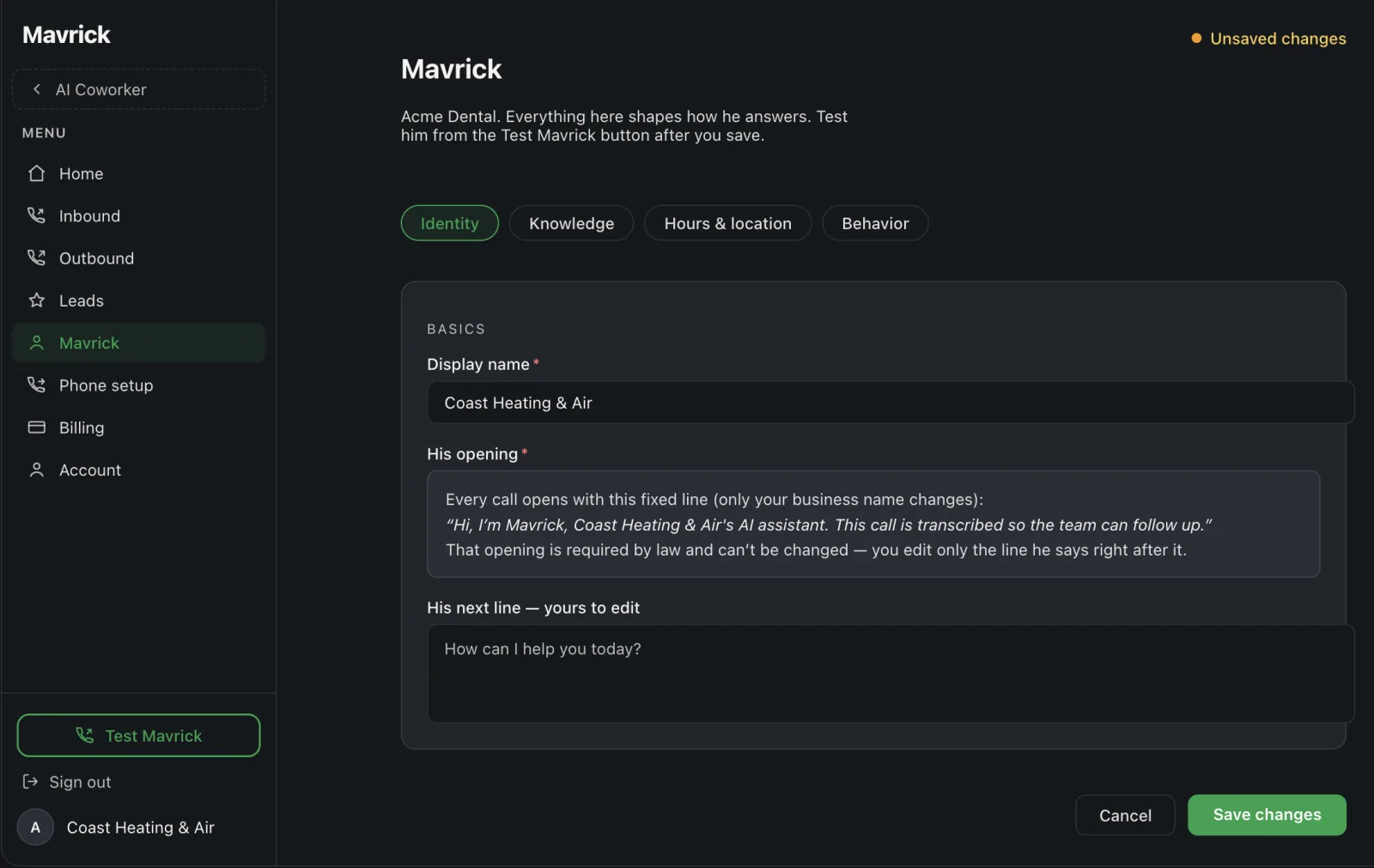 Mavrick's identity settings — display name and the opening line he uses on every call
